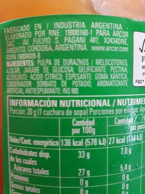 Lista de ingredientes del producto Mermelada Durazno Light Arcor 390 g