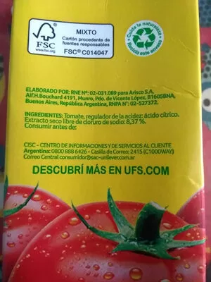 Lista de ingredientes del producto Puré de tomates cica 1,02 KG