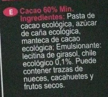 Lista de ingredientes del producto Chocolate ecológico con chile Pacari 50 g