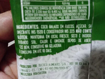 Lista de ingredientes del producto Coco em flocos úmido adoçado DuCoco 100 g