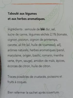 Lista de ingredientes del producto Taboulé La Grainerie 300g