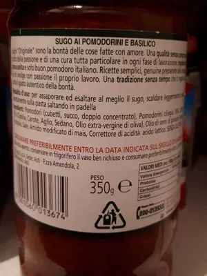 Lista de ingredientes del producto Originale con basilico Saclà 