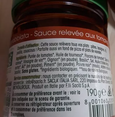 Lista de ingredientes del producto arrabiata sans gluten Sacla 190 g