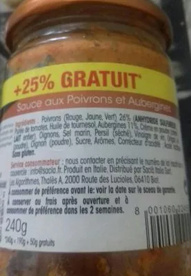 Lista de ingredientes del producto Trii de poivrons et aubergines Sacla 240 g