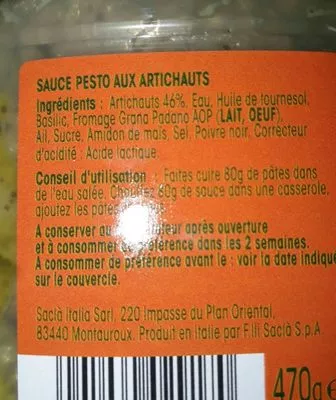 Lista de ingredientes del producto Pesto aux artichauts Saclà Saclà 470g