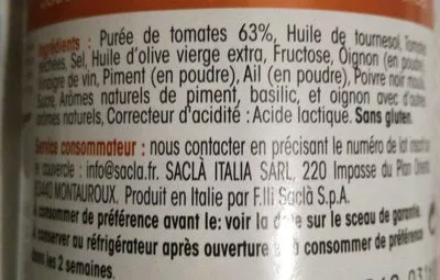 Lista de ingredientes del producto Sauce Arrabbiata Sacla 