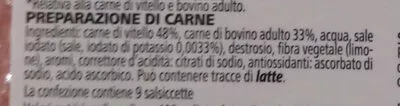 Lista de ingredientes del producto salsiccette di vitello con bovino adulto coop 300 g