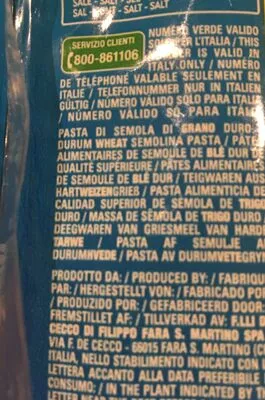 Lista de ingredientes del producto De Cecco Pasta Fettuccelle De Cecco 500 g