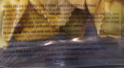 Lista de ingredientes del producto Tortelloni ricotta e spinaci Rana 250 g