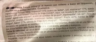 Lista de ingredientes del producto Bio integral espinacas con ricotta y burrata Rana 