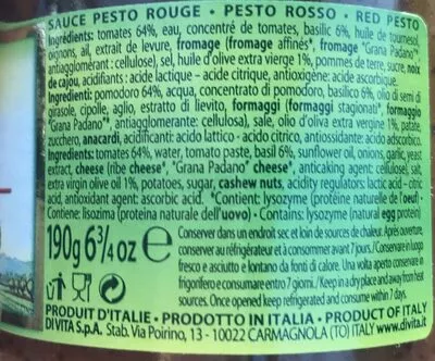 Lista de ingredientes del producto 190G Sauce Pesto Rosso Di Vita Di vita 190 g