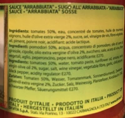 Lista de ingredientes del producto Sauce arrabbiata Di Vita 