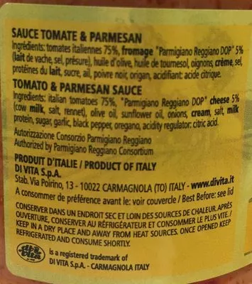 Lista de ingredientes del producto Sauce Tomate&Parmesan  