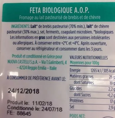 Lista de ingredientes del producto Feta bio Nuova Castelli 200 g