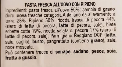 Lista de ingredientes del producto ravioli ripieni alle erbette Esselunga 250 g