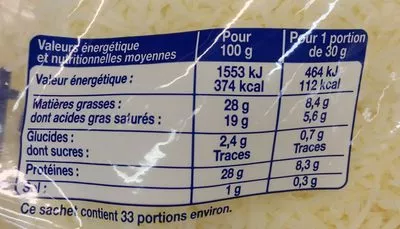 Lista de ingredientes del producto Emmental râpé Prix Gagnant 