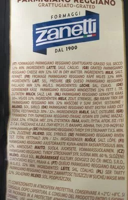 Lista de ingredientes del producto Formatge Ratllat Parmigiano Regiano Zanetti Zanetti 