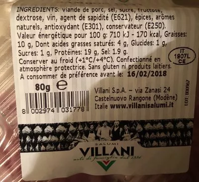 Lista de ingredientes del producto Chiffonade Italienne jambon cuit Villani 