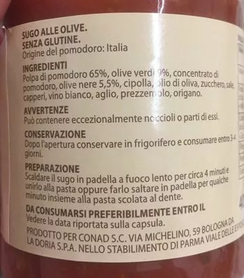 Lista de ingredientes del producto Sugo alle olive Conad 400 g