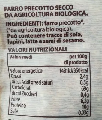 Lista de ingredientes del producto Farro Verso Natura, Conad 400 g