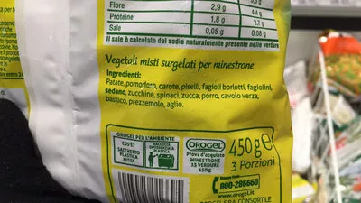 Lista de ingredientes del producto Orogel : minestrone 15 verdure Orogel 450 g