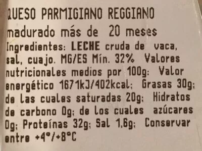 Lista de ingredientes del producto Parmigiano Reggiano  