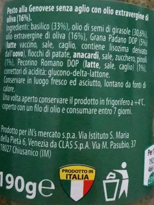 Lista de ingredientes del producto Pesto alla genovese CA Dell'Orto 190 g