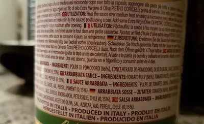 Lista de ingredientes del producto Sauce tomate arrabbiata Pietro Coricelli 350 g