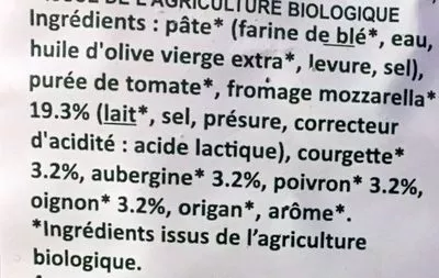 Lista de ingredientes del producto Pizza Bio aux Légumes Cerealia 310 g e