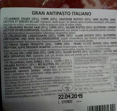 Lista de ingredientes del producto Gran antipasto italiano Montorsi 