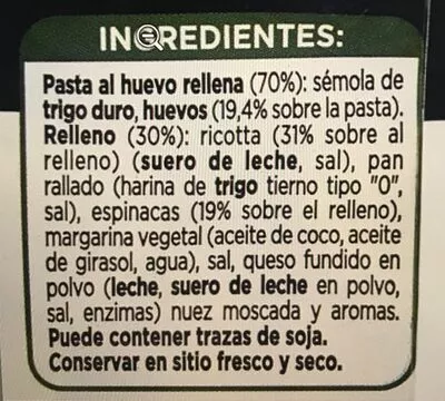 Lista de ingredientes del producto Tortellini con ricotta y espinacas Pagani 