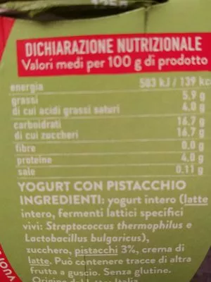 Lista de ingredientes del producto yogurt intero con pistacchi Yomo, Granarolo 250 g (2 x 125 g)