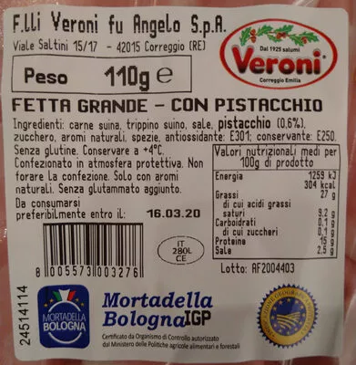 Lista de ingredientes del producto mortadella Bologna veroni 110 g