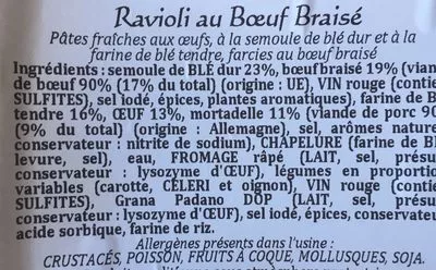 Lista de ingredientes del producto Ravioli au bœuf braisé L'italie Des Pâtes 250 g