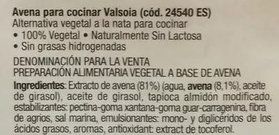 Lista de ingredientes del producto Condimento avena da cucina Valsoia 200 ml