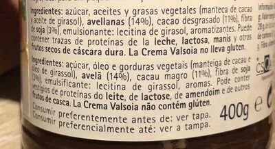 Lista de ingredientes del producto Valsoia crema vegetal cacao Valsoia 400 g