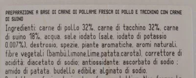 Lista de ingredientes del producto salsicce con pollo e tacchino Amadori 