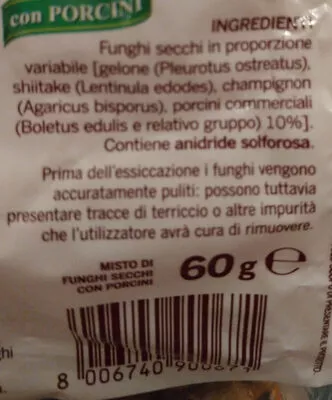 Lista de ingredientes del producto misto funghi con porcini codena 60 g