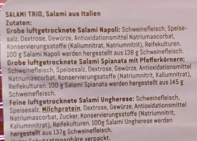 Lista de ingredientes del producto Salami Trio Rewe,  Fratelli Beretta 100 g