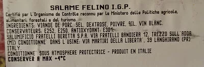 Lista de ingredientes del producto Salame Felino IGP Fratelli Beretta 250g