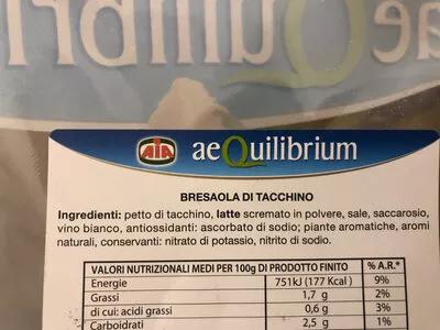 Lista de ingredientes del producto Bresaola di tacchino Aia, aeQuilibrium 100 g