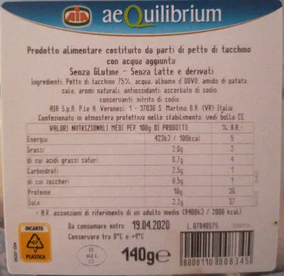 Lista de ingredientes del producto petto di tacchino cotto al forno aia 140