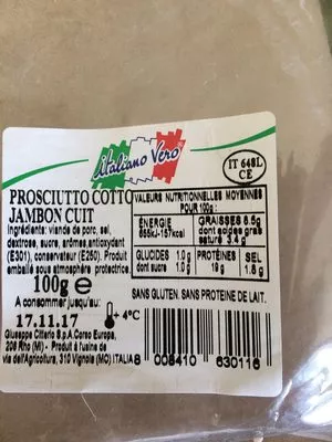 Lista de ingredientes del producto Jambon cuit Italiano Vero 