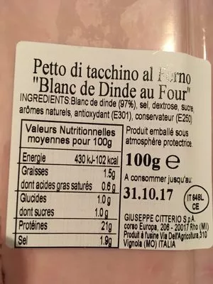 Lista de ingredientes del producto Petto di Tacchino al forno Citterio 