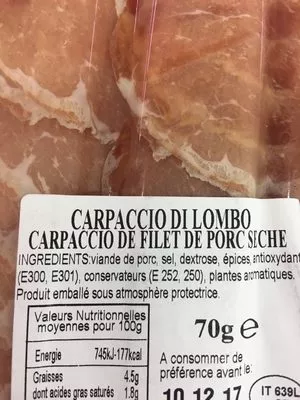 Lista de ingredientes del producto Carpaccio de Lombo Citterio 