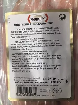 Lista de ingredientes del producto Mortadella bologna IGP Ferrarini 120 g