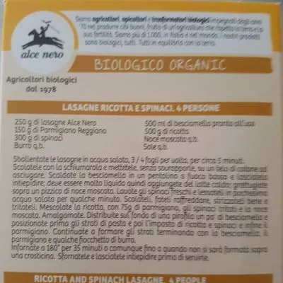 Lista de ingredientes del producto Lasagnes grano duro Alce Nero 