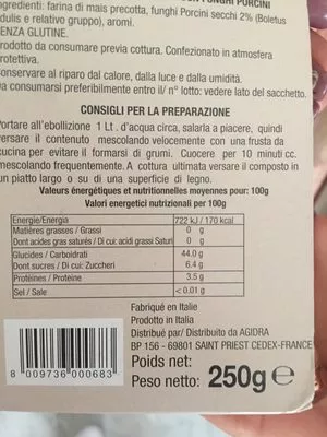 Lista de ingredientes del producto Polenta aux Bolets Nostraterra, Nostra terra 250 g