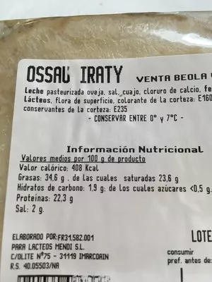 Lista de ingredientes del producto Ossau iraty Venta Beola 