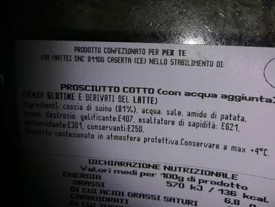 Lista de ingredientes del producto Perte affettati Per te 70g